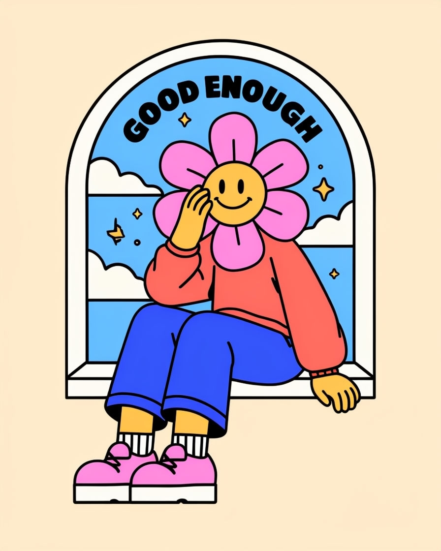 Whimsical Cartoon Character on Window Ledge with Cheerful Vibes Poster