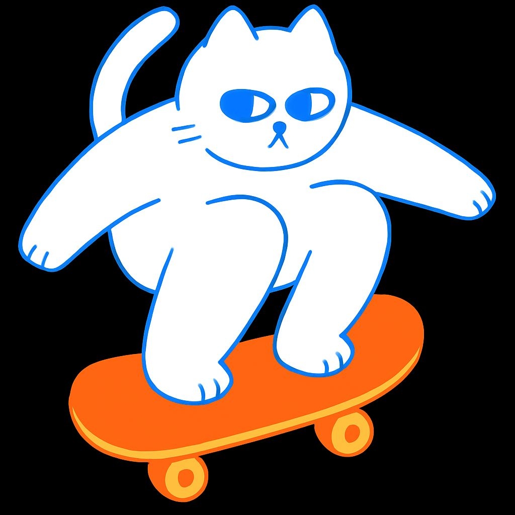 Playful Cartoon White Cat Skateboarding Illustration Art