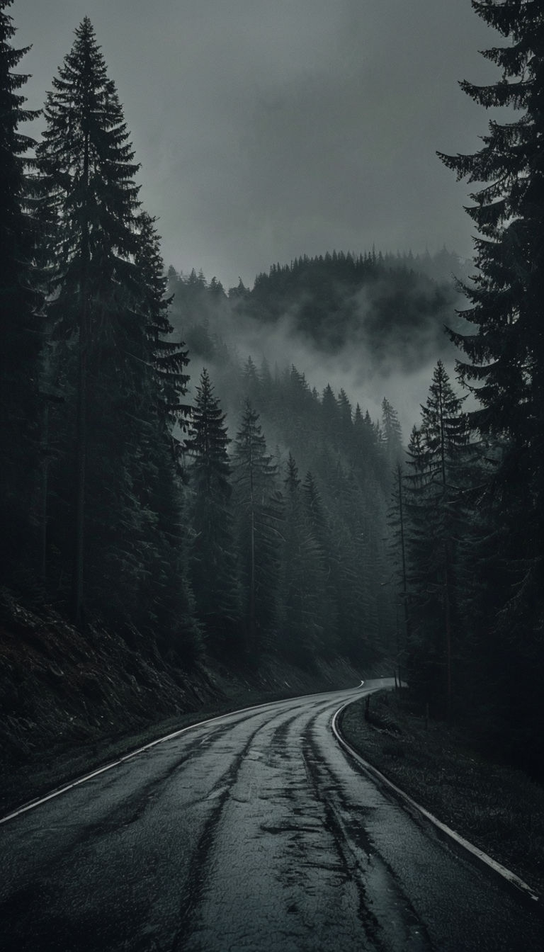 Mysterious Winding Road Through Evergreen Forest Mobile Wallpaper