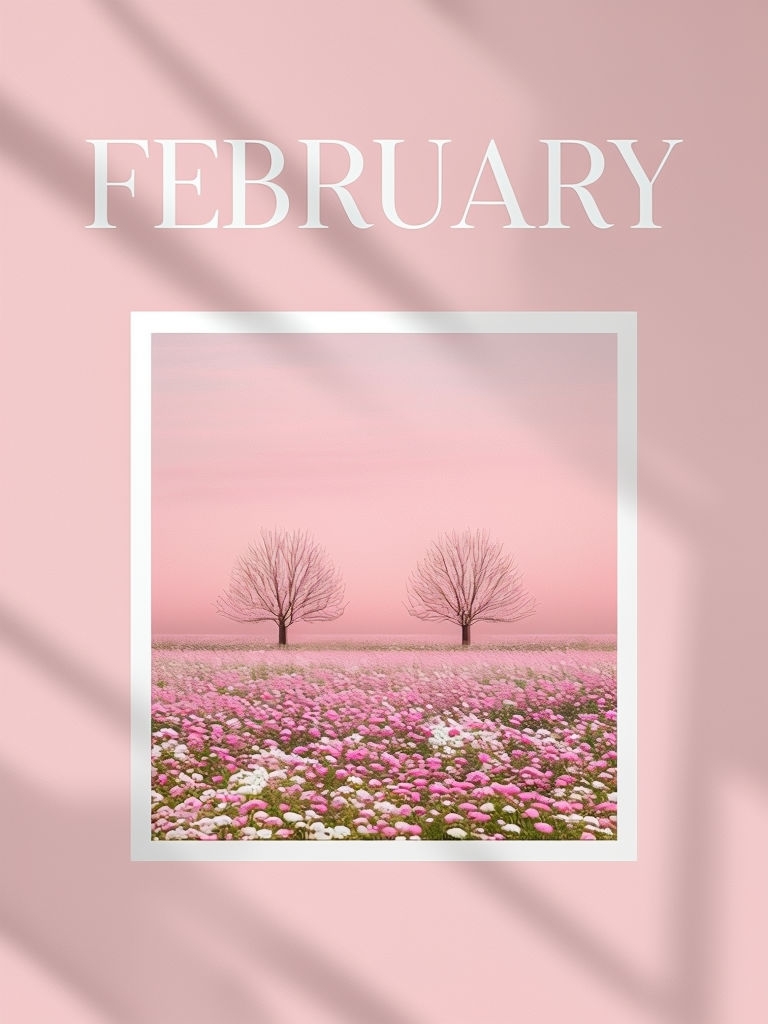 Minimalist February Design with Serene Field Illustration Social Media Post