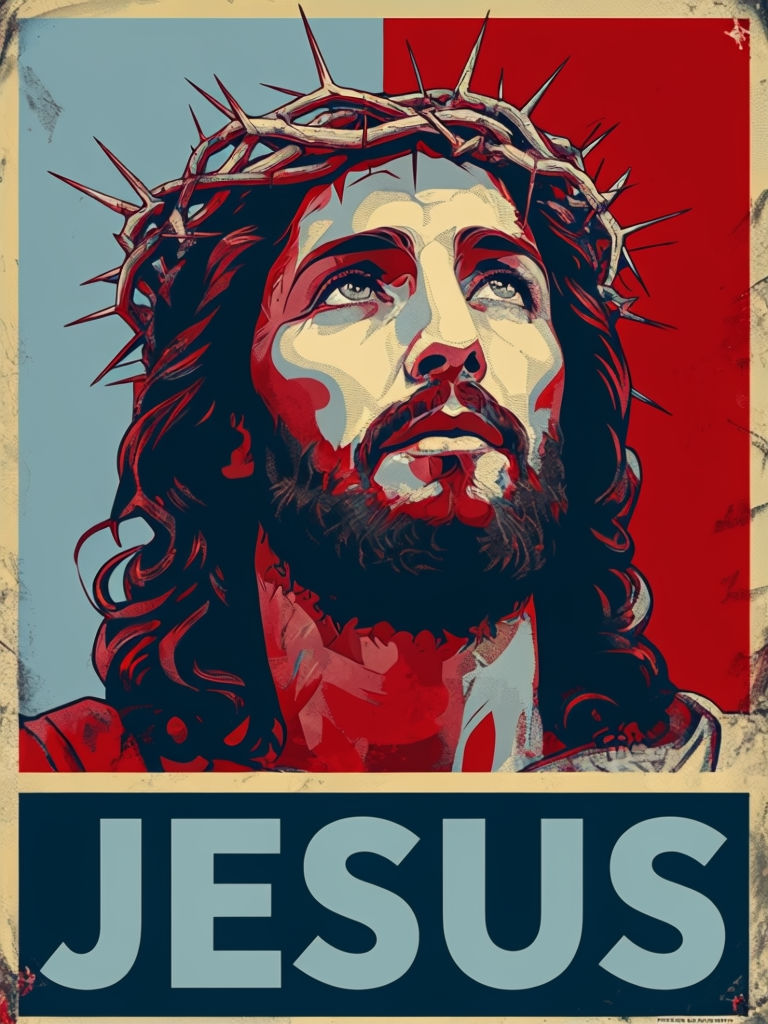 Vibrant Pop Art Jesus Christ Portrait with Crown of Thorns Art