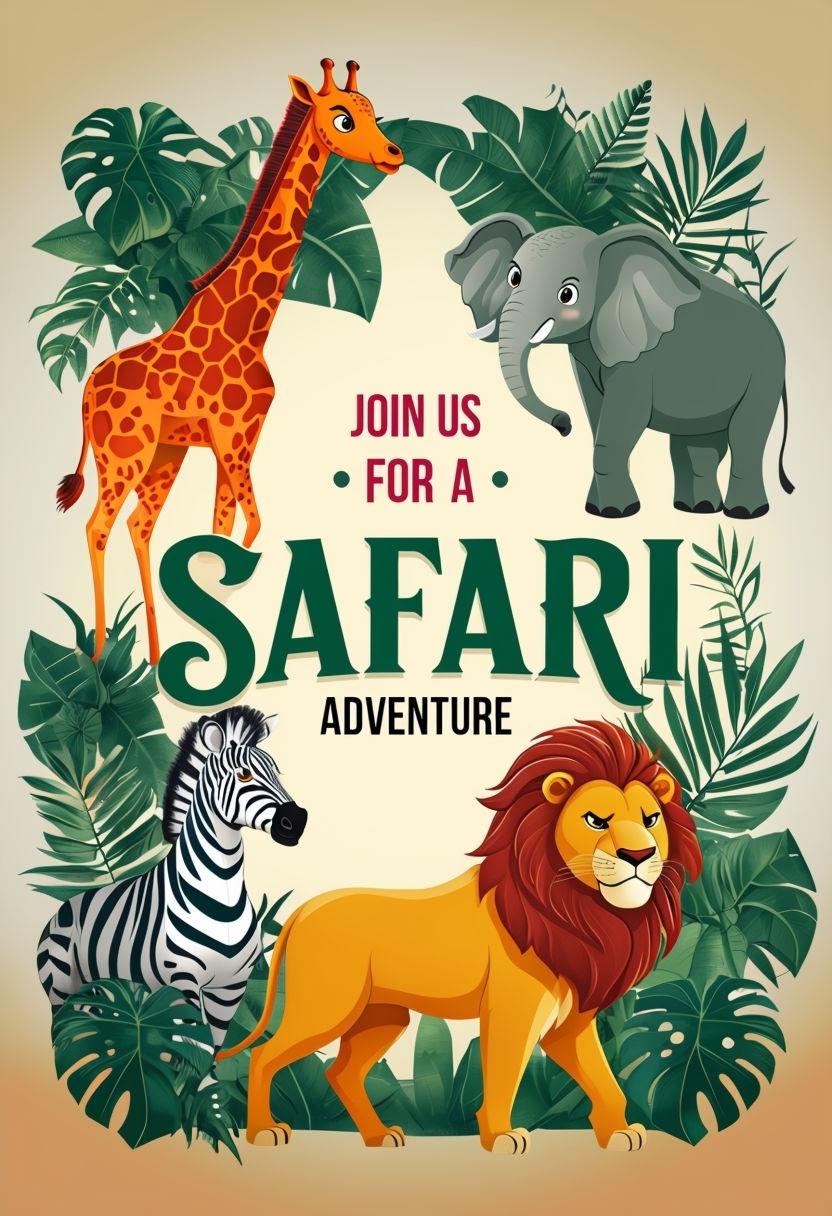 Vibrant Cartoon Safari Adventure Poster with Animal Characters