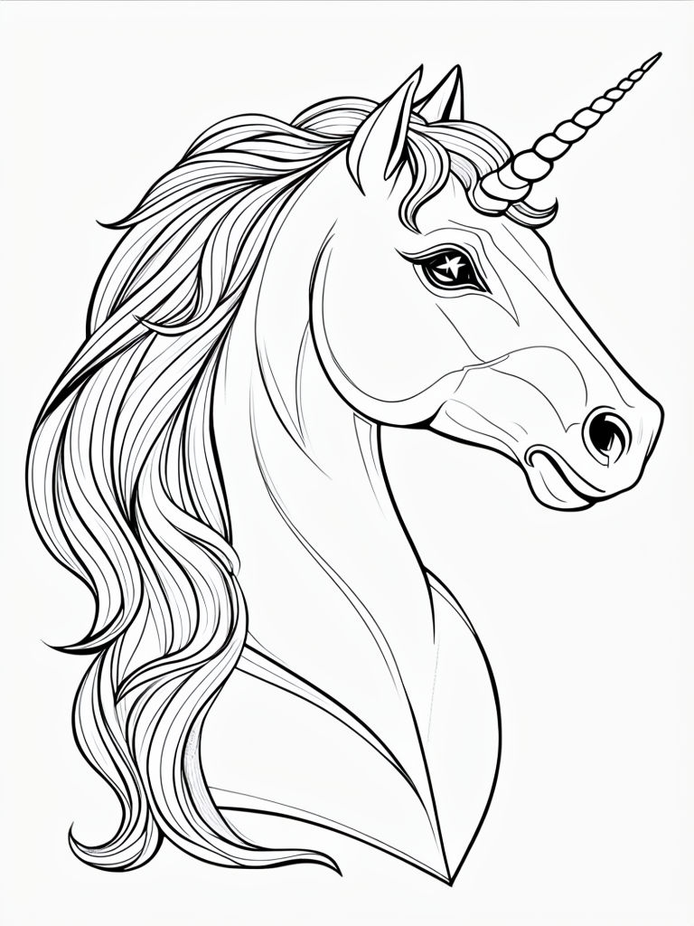 Detailed Black and White Unicorn Head Coloring Page