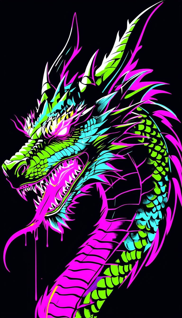 Fierce Neon Dragon Head Illustration with Bold Colors Mobile Wallpaper