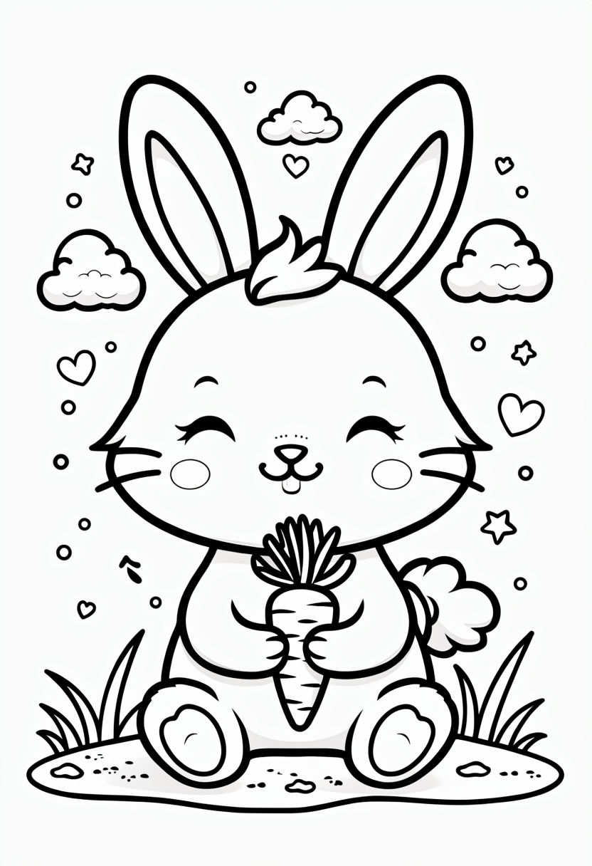 Cute Cartoon Bunny with Carrot Coloring Page for Kids