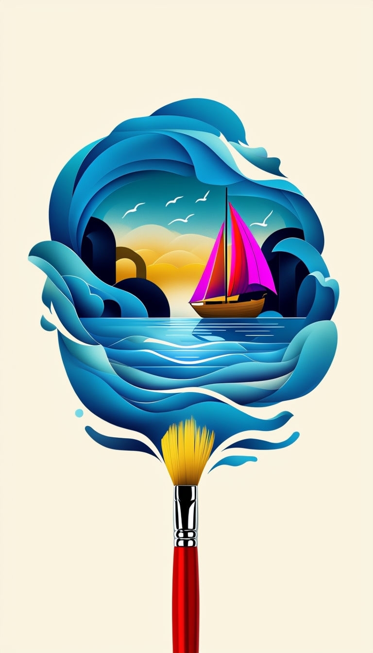 Surreal Paintbrush with Sailboat and Whimsical Nature Art