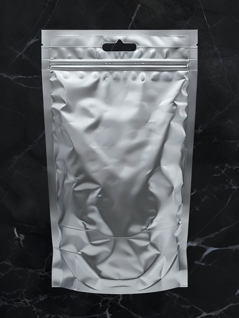 Metallic Silver Stand-Up Zip-Lock Bag on Dark Marble Mockup