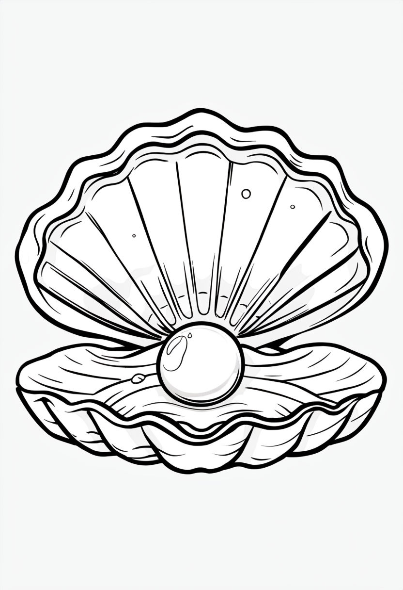 Black and White Clamshell with Pearl Line Drawing Coloring Book Pages