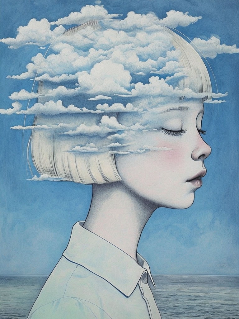 Ethereal Surreal Young Girl with Cloud-Filled Hair Art