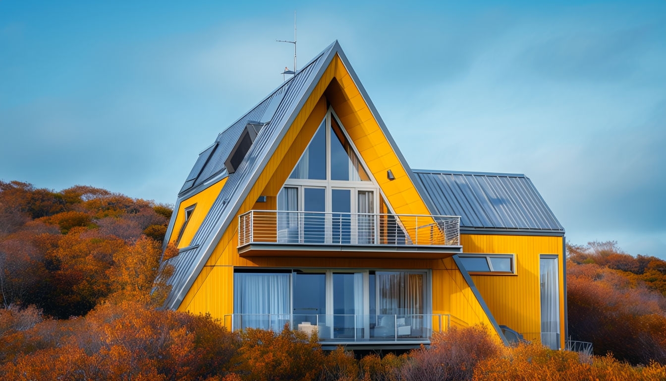 Modern Triangular Yellow House on Hillside Virtual Background