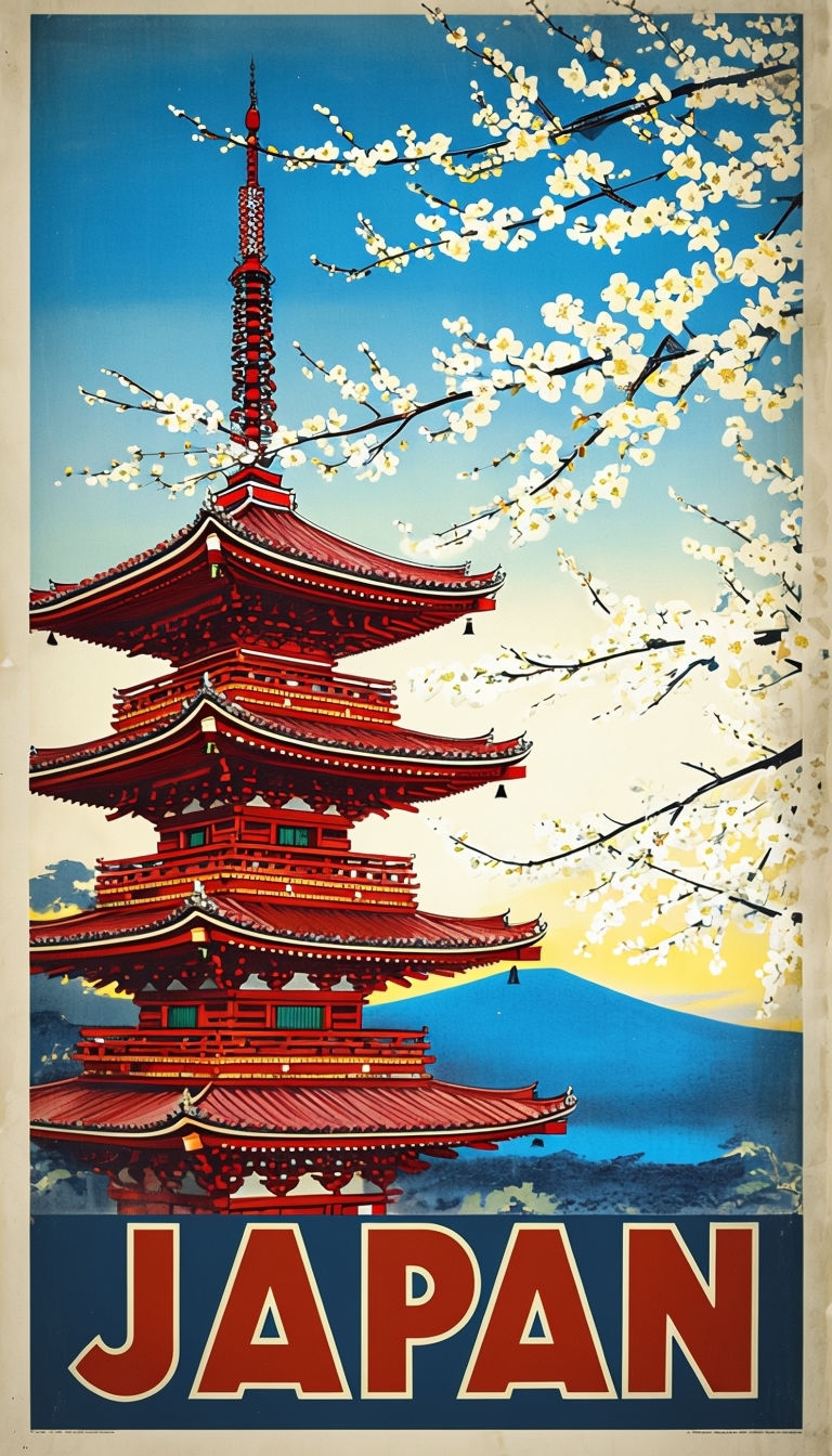 Serene Vintage Japanese Pagoda Travel Poster with Cherry Blossoms