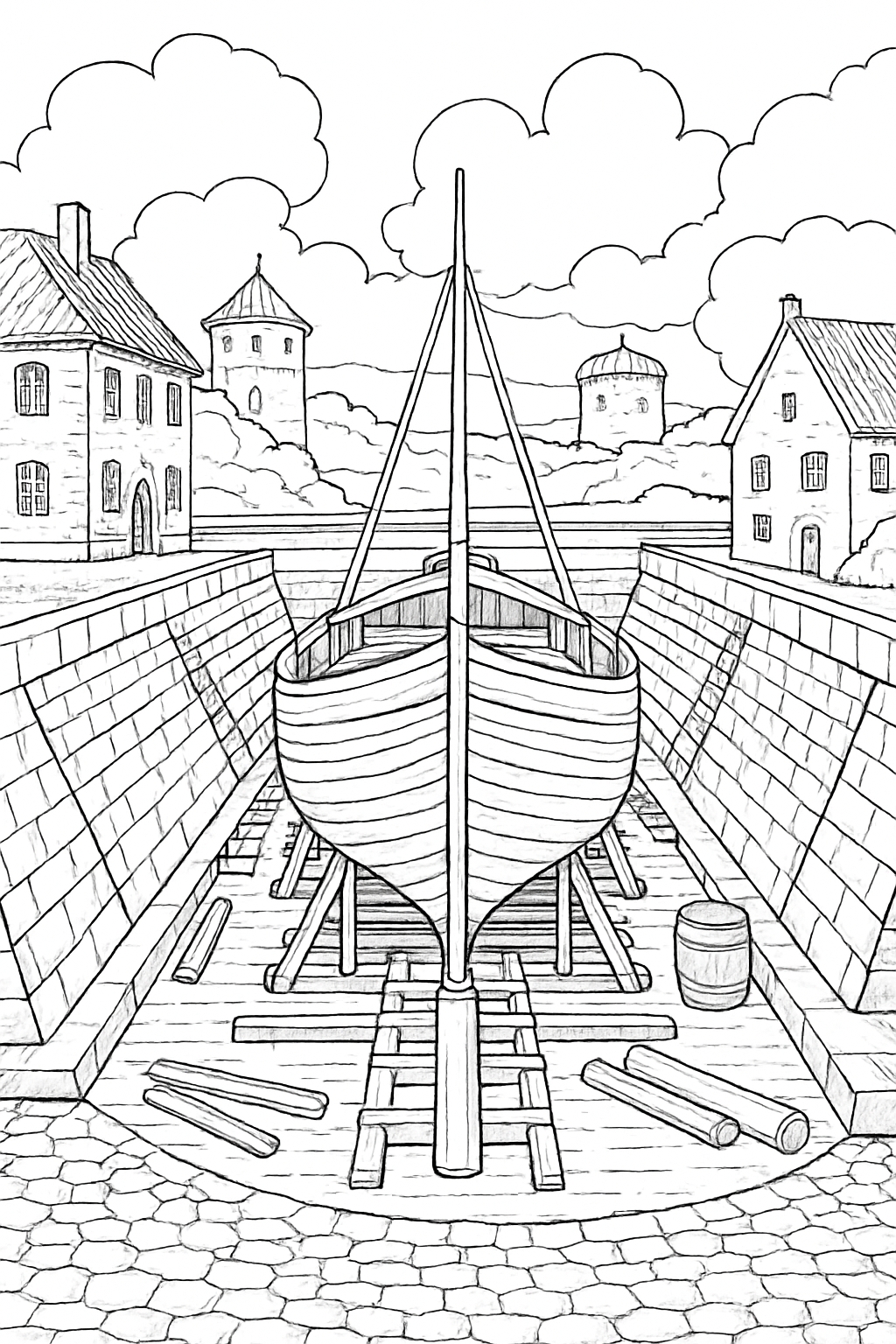 Serene Boat-Building Scene in Tranquil Coastal Setting Coloring Book Pages