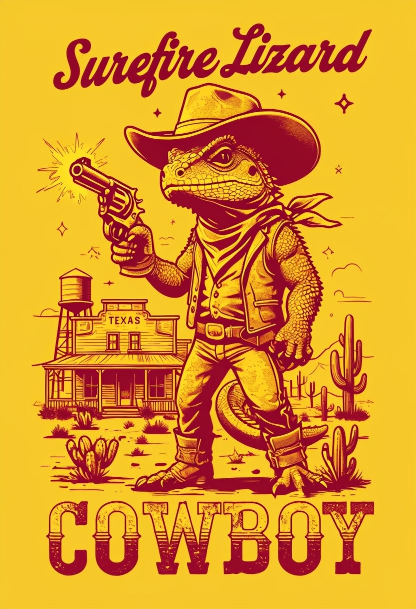 Cowboy Lizard Illustration with Surefire Text T-Shirt