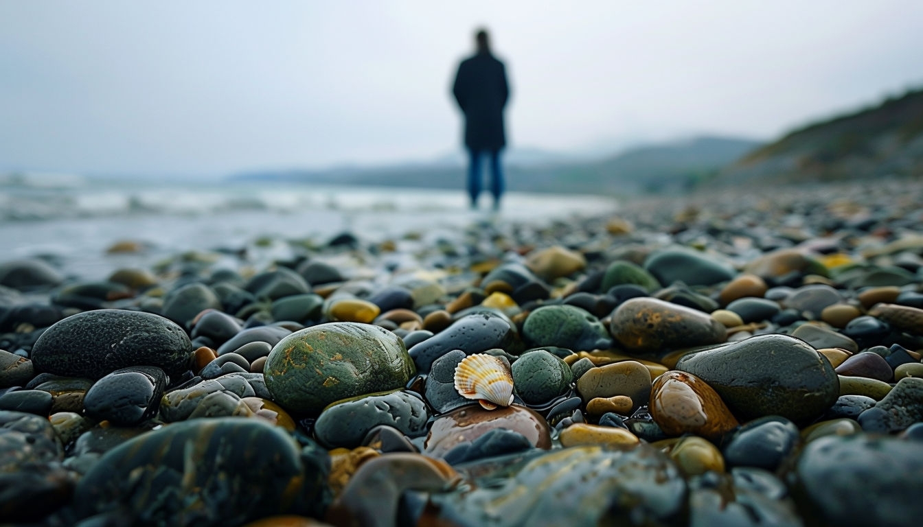 Serene Pebbled Beach with Reflective Stones Virtual Background