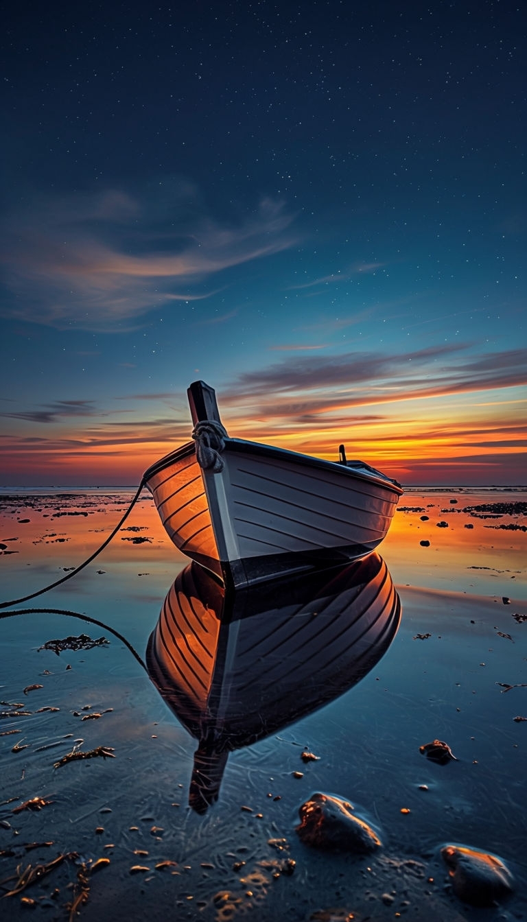 Tranquil Twilight Boat Reflection in Serene Landscape Mobile Wallpaper