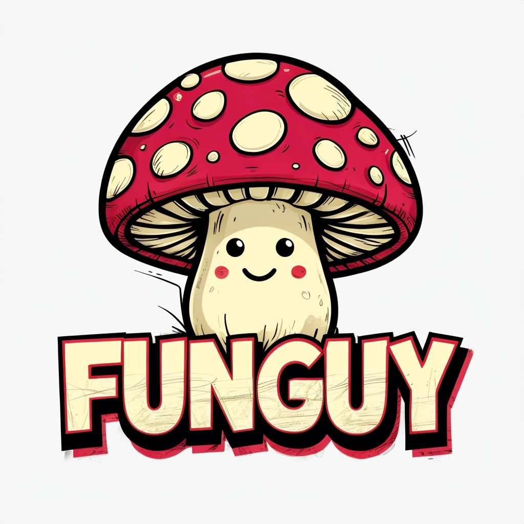 Cheerful Cartoon Mushroom Character with Fun Guy Text Sticker
