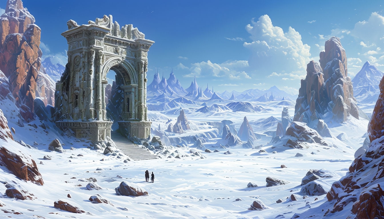 Serene Snow-Covered Alien Landscape with Ancient Archway Background
