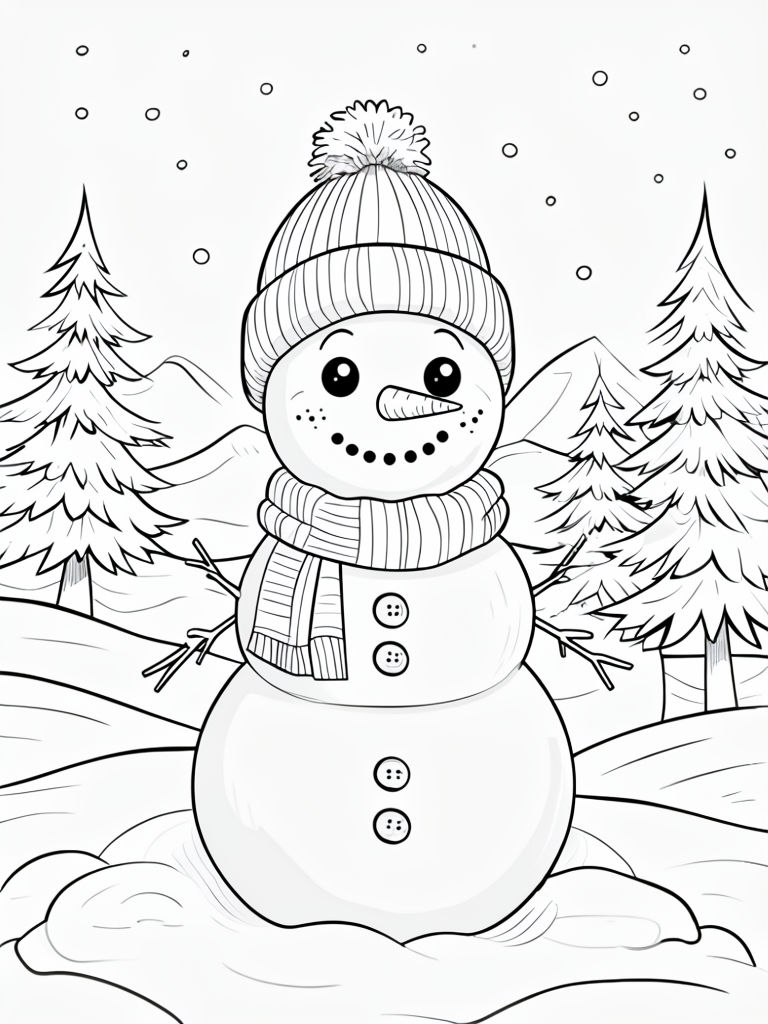 Cheerful Snowman Winter Scene Line Drawing for Coloring Book Pages