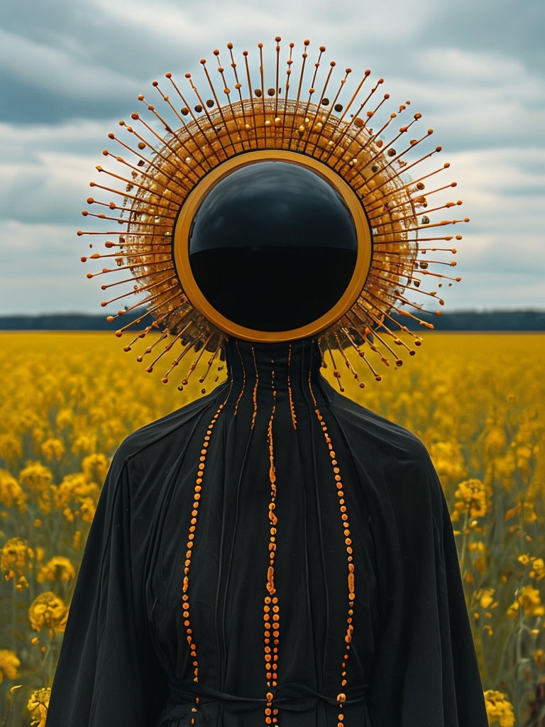 Mysterious Figure in Flower Field with Striking Headpiece Art