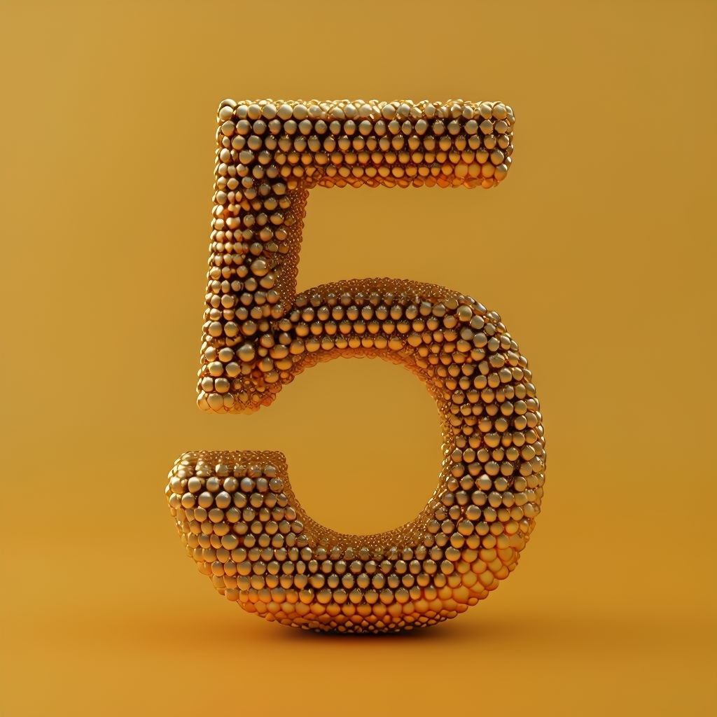 Elegant 3D Golden Number 5 Design with Metallic Spheres Monogram