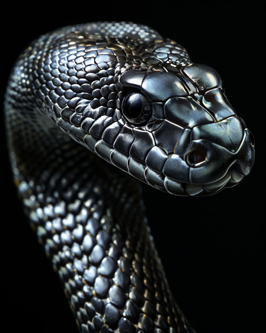 Metallic Close-Up of a Snake's Head with Glossy Scales Art
