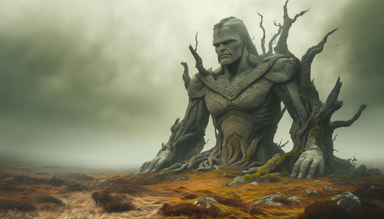 Mysterious Stone Golem Guardian in Foggy Moor Virtual Background
