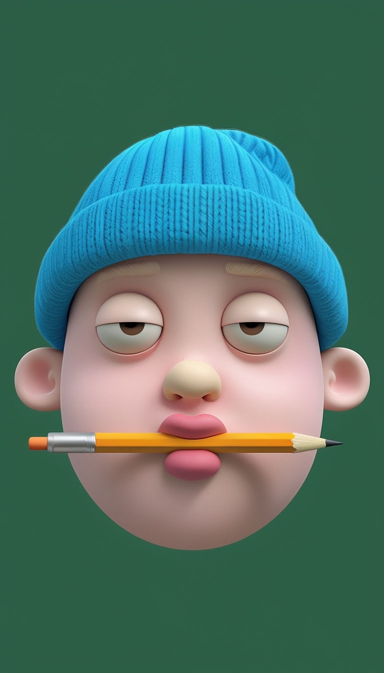 Playful 3D Cartoon Character Face with Pencil Prop Artwork