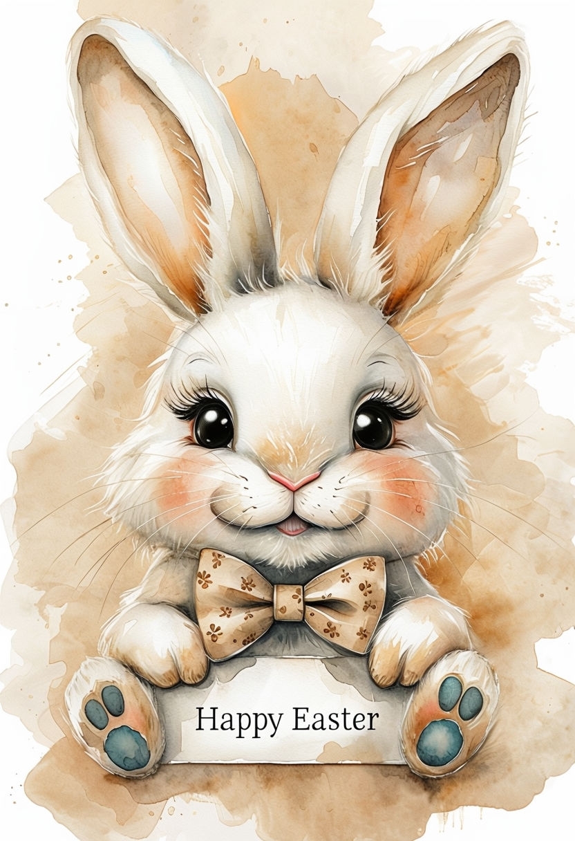 Whimsical Easter Bunny Watercolor Illustration Card Design