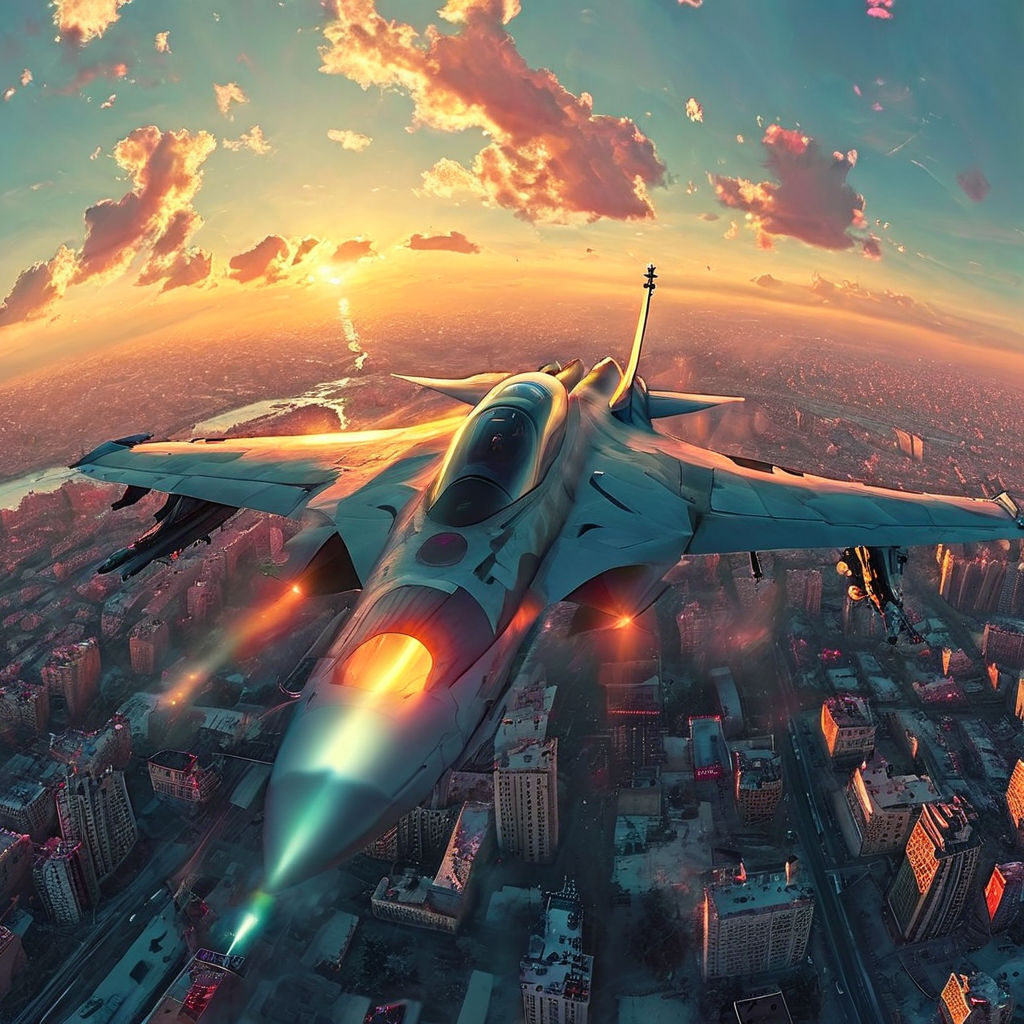 Russian fighter jet soaring above a sprawling cityscape by Евгений ...