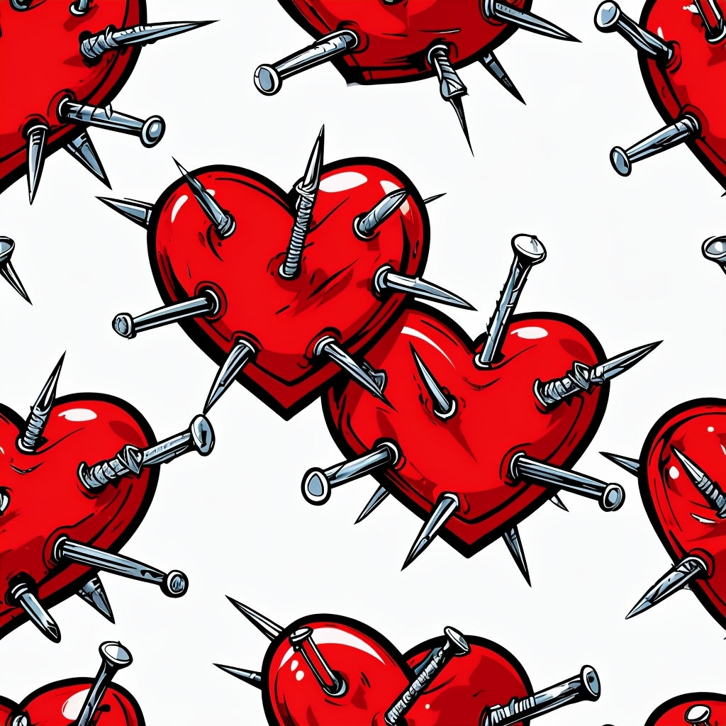 Edgy Red Heart Pattern with Silver Nails for Graphic Design Seamless Pattern