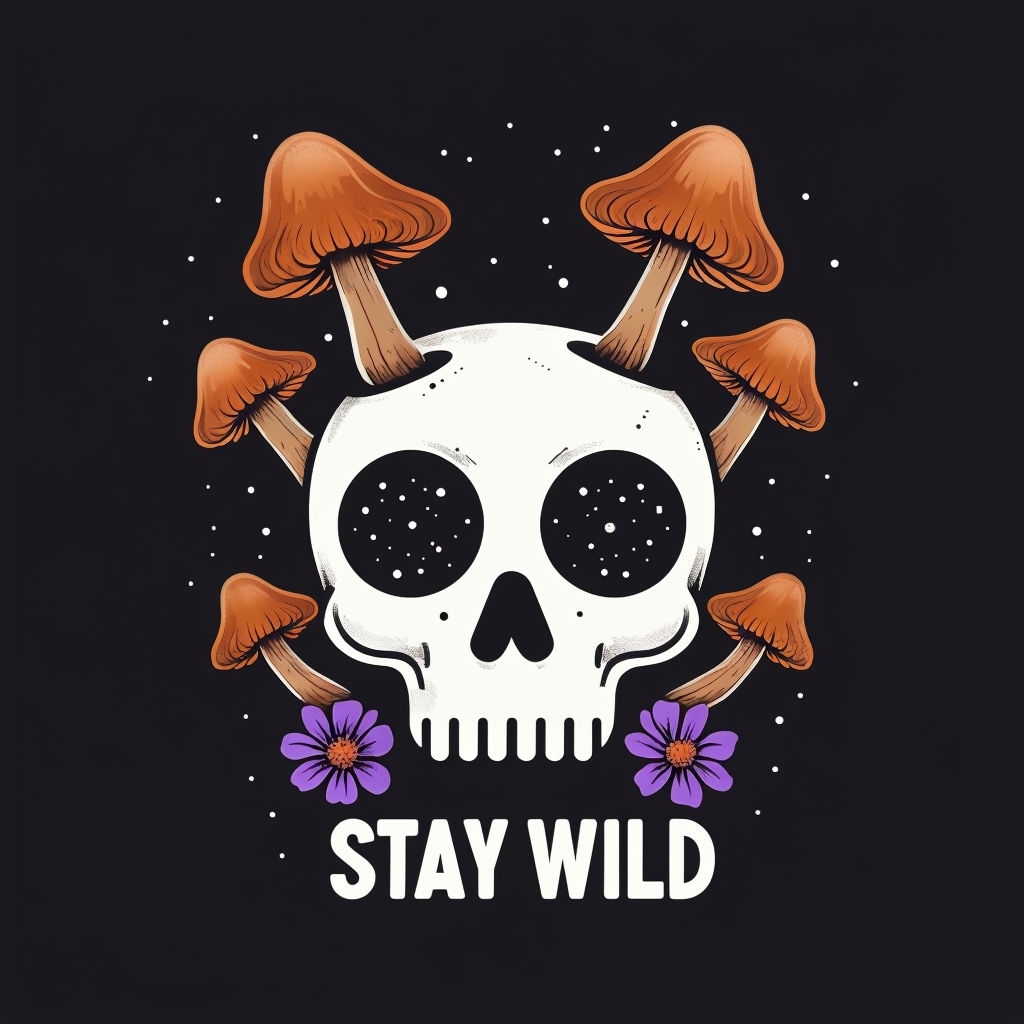 Surreal White Skull with Mushrooms and Flowers Stay Wild T-Shirt