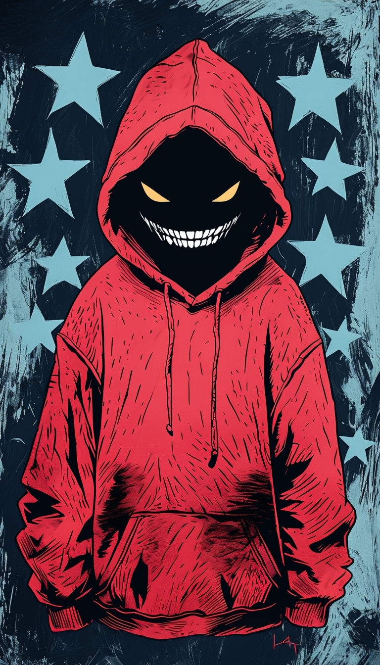 Ominous Shadowy Figure in Red Hoodie against Stars Mobile Wallpaper