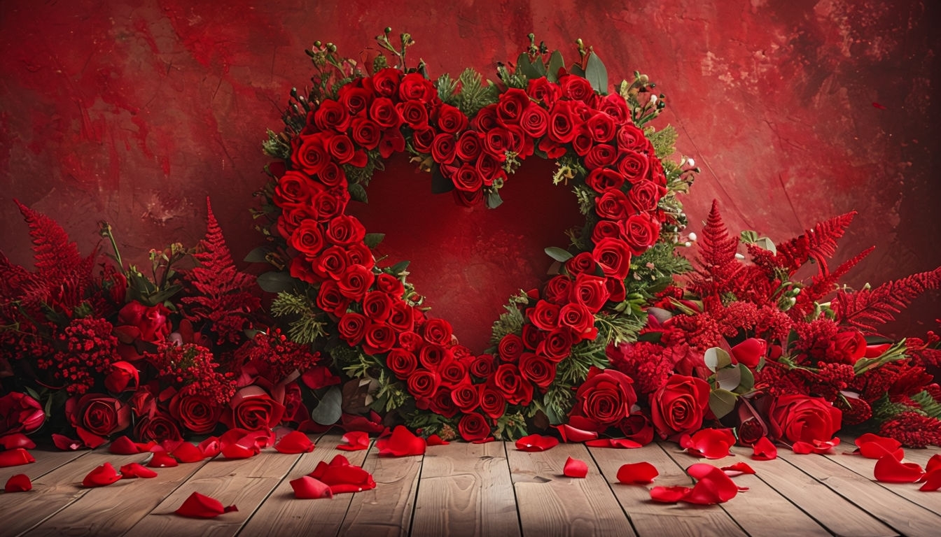 Romantic Floral Heart Tunnel Against Textured Red Backdrop Virtual Background