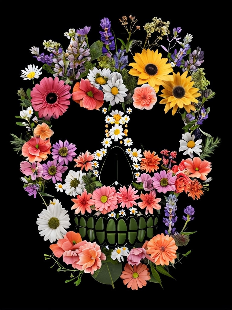 Vibrant Floral Skull Artwork on Black Background Poster