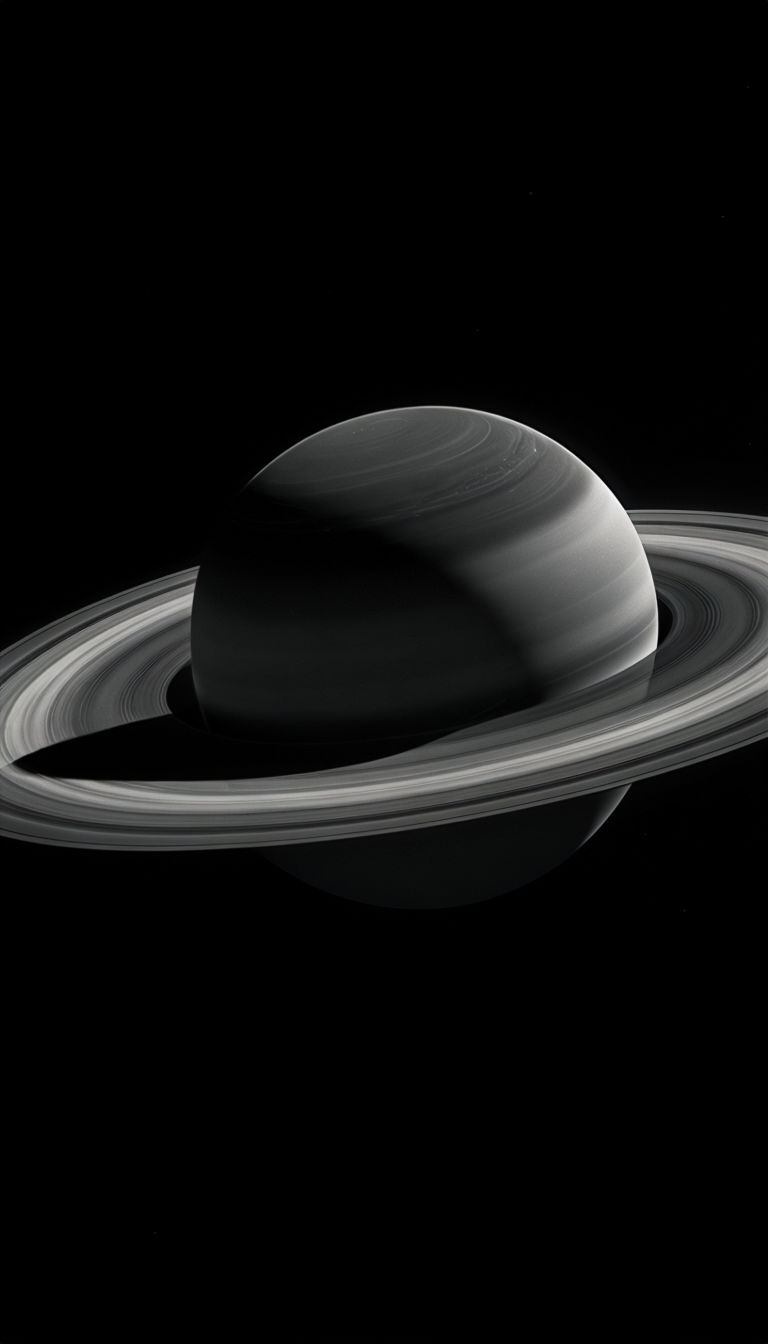 Dramatic Monochrome Saturn with Rings Against Dark Space Mobile Wallpaper