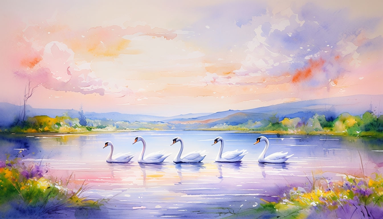 Serene Lakeside Scene with Elegant Swans Watercolor Painting Art