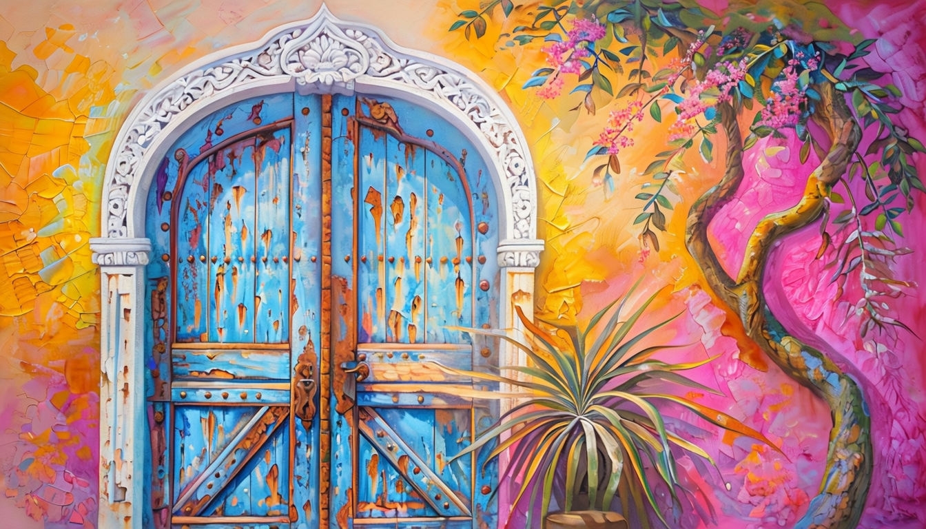 Vibrant Impressionistic Aged Wooden Door Art Piece