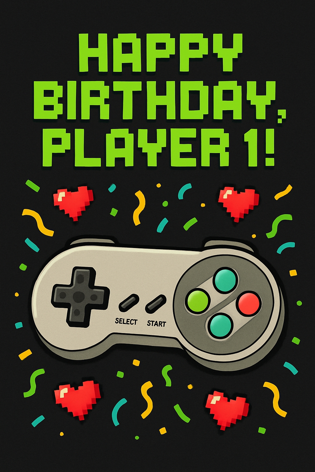 Retro Gaming Birthday Card for Player 1 with Joyful Confetti