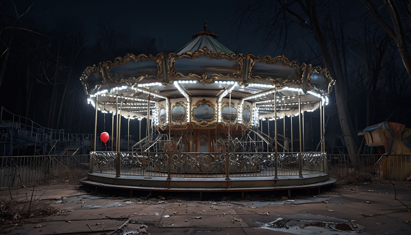 Eerie Nighttime Abandoned Amusement Park Carousel Background
