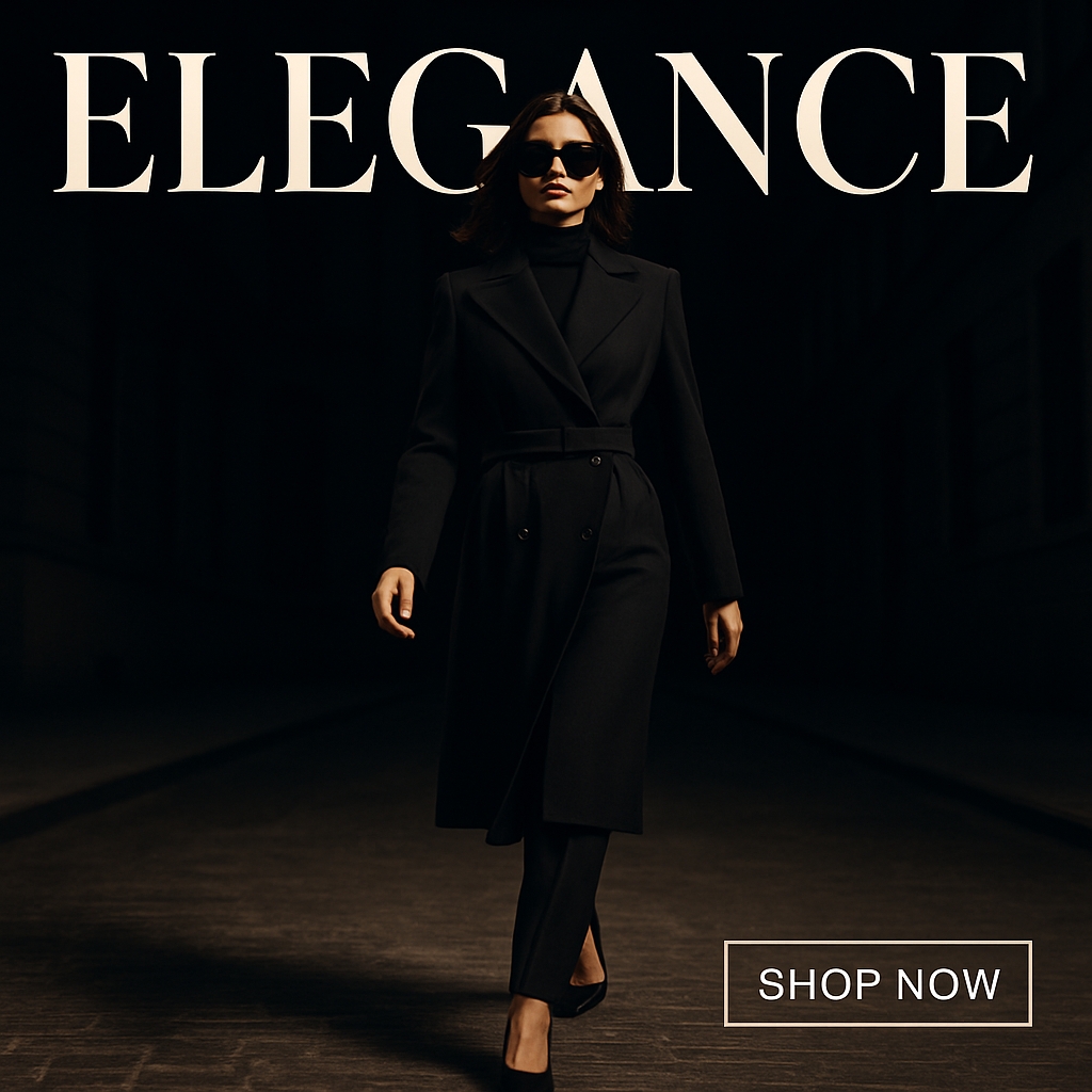 Elegant Fashion Advertisement Featuring Confident Model in Trench Coat Ads