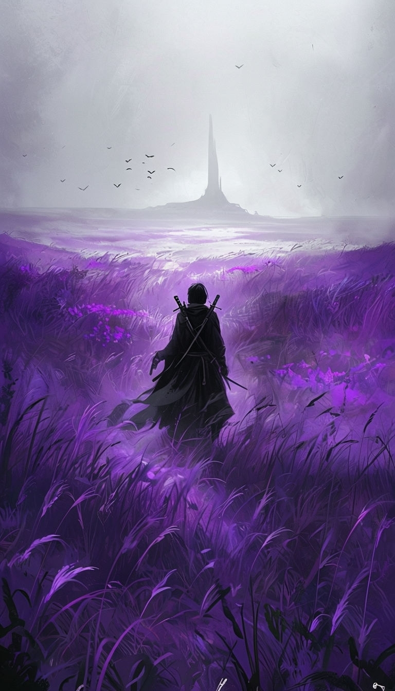 Mysterious Cloaked Figure in Purple Fantasy Field Mobile Wallpaper