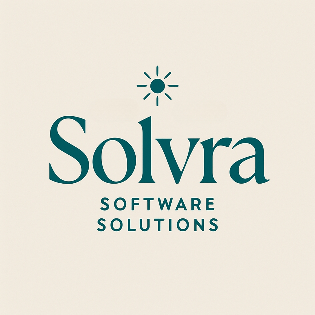 Minimalist Dark Teal Solvra Logo Design with Sun Icon Logo