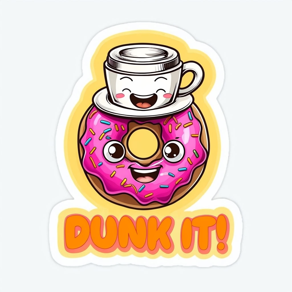 Quirky Cartoon Donut with Coffee Cup Hat Sticker