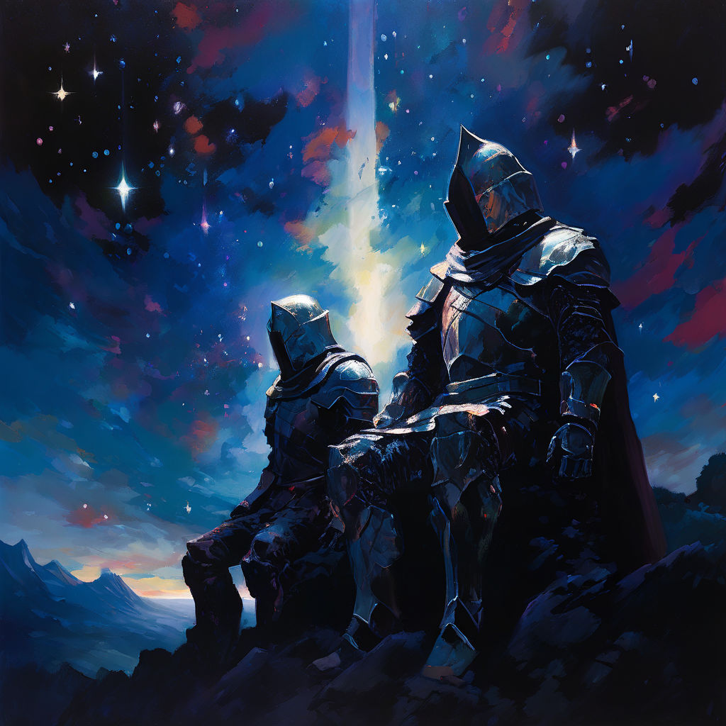 Acrylic painting of two knights suffering headaches by Luis Arends