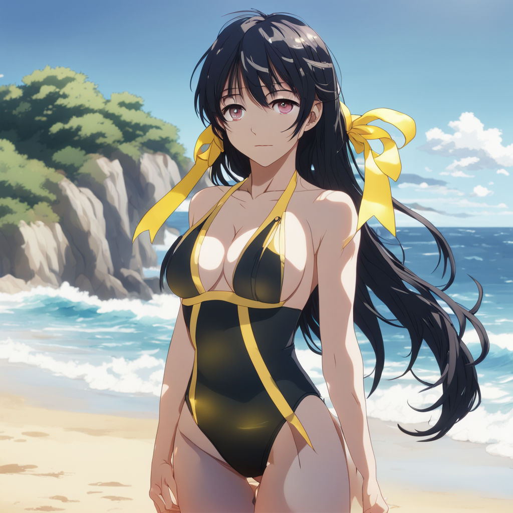 anime girl in black and yellow swimsuit