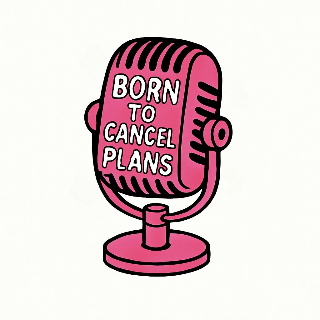 Vibrant Cartoon Vintage Microphone with 'Born to Cancel Plans' Sticker