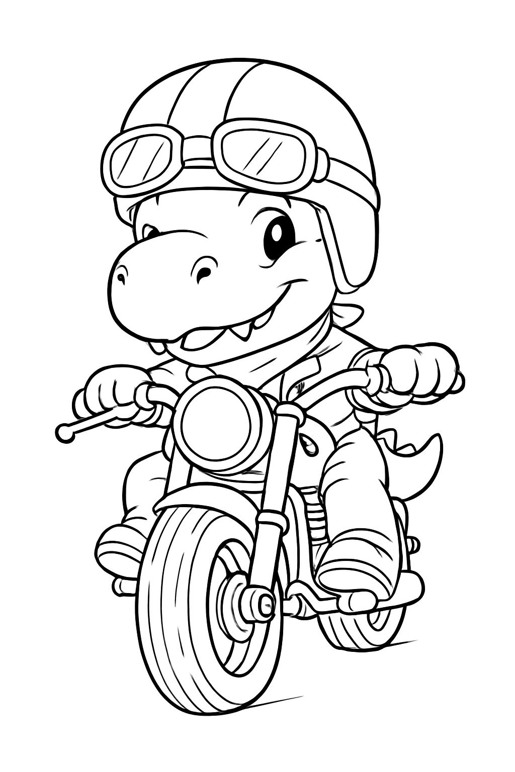 Cheerful Dinosaur Riding Motorcycle Line Art Illustration Coloring Book Pages