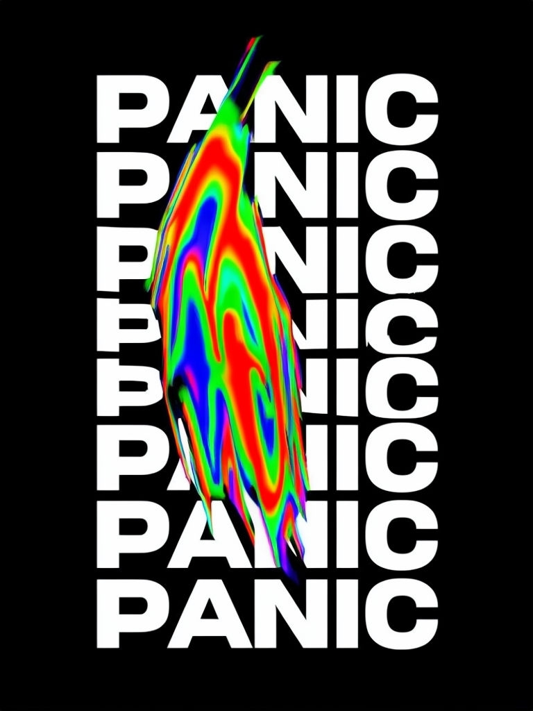 Dynamic PANIC Text with Glitch Effects and Colorful Streak Poster