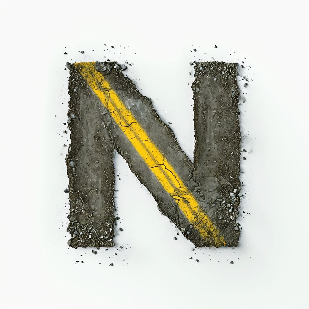 Rugged Road Letter N Graphic Design with Yellow Center Line Monogram