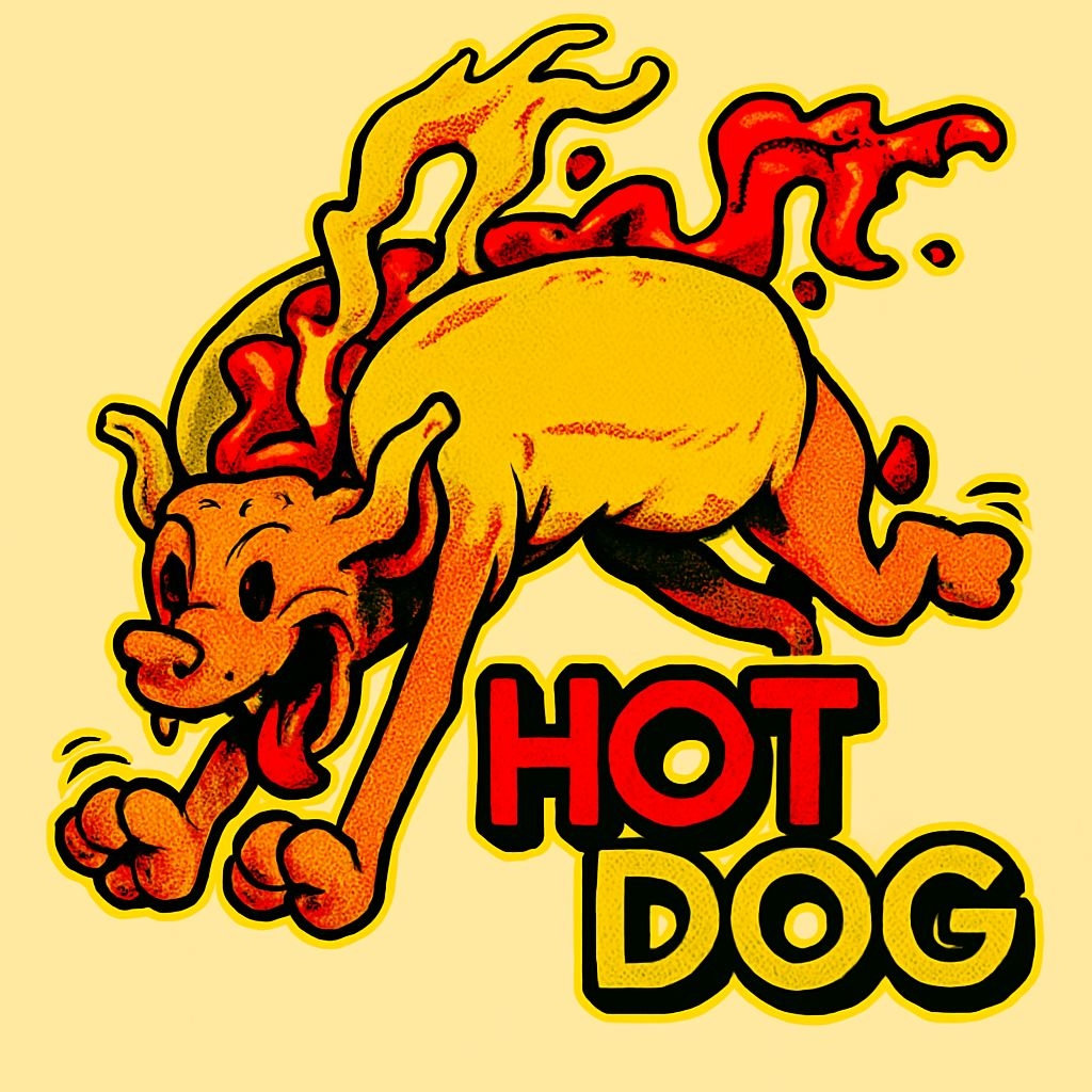 Vibrant Cartoon Hot Dog Character with Dynamic Ketchup T-Shirt